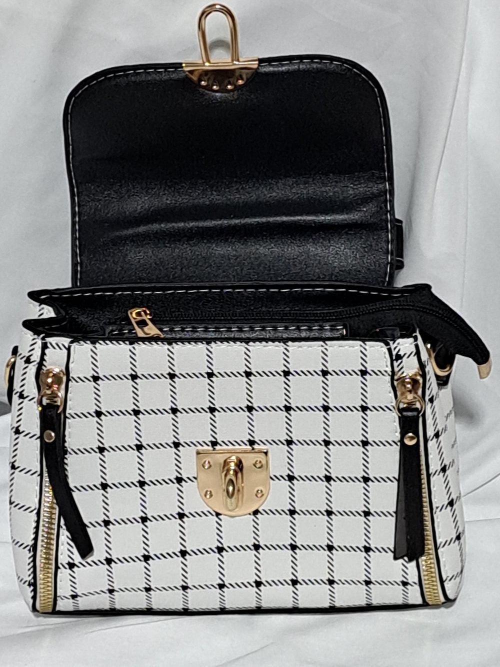 Plaid Black and White Top-Handle Satchel with Charm - Picture 13 of 16